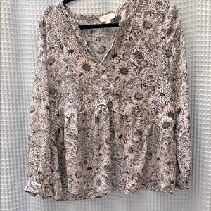 LOFT Brown and Cream Ruffled Long Sleeve Blouse